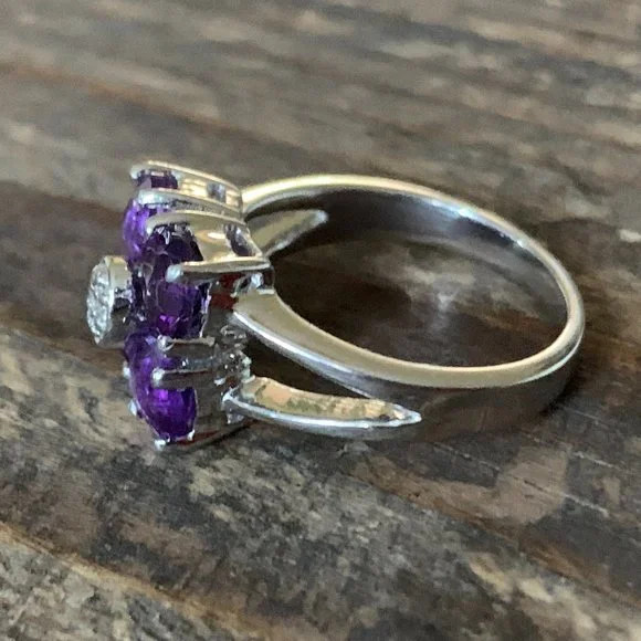 -Sterling Amethyst Floral Ring | Size 5 | Celestial Luxe Sparkle - Picture 5 of 14